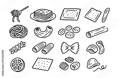 Hand drawn variety of pasta doodles in black and white