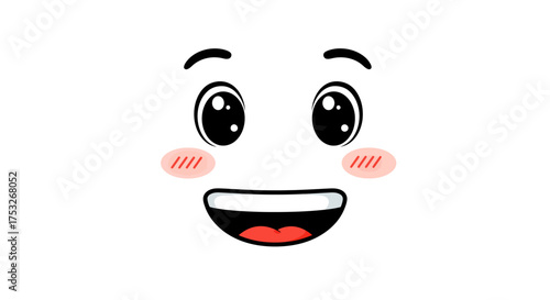 Happy cartoon face with rosy cheeks and bright eyes on white background