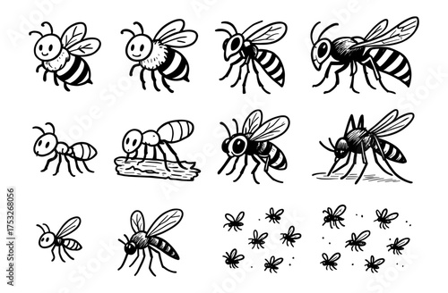 Playful hand-drawn insects: cartoon bees, ants, and flies collection