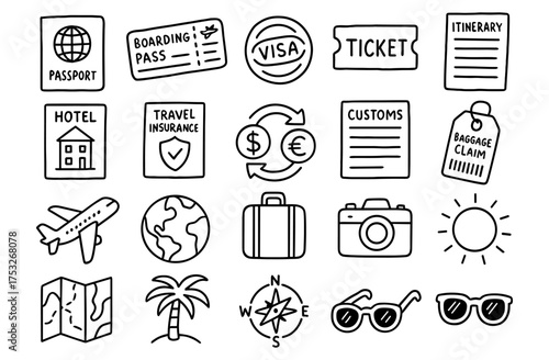 Travel essentials doodle set: passport, ticket, globe, and more