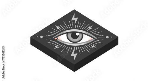 All-seeing eye symbol on black diamond with lightning motif in isometric art…