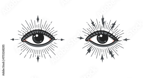 Mystical eyes with radiating arrows in tattoo style on white background