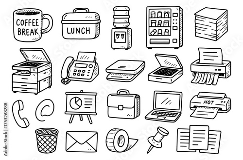 Hand drawn office essentials doodle set: coffee, supplies, technology, accessories