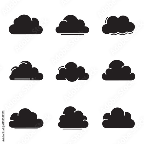 A curated assortment of nine distinct black cloud icons, each presented in a clean, minimalist style. These versatile symbols are perfect for representing weather, data, or digital concepts, all isola