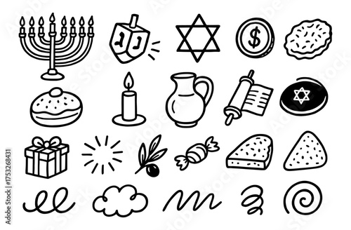 Hanukkah and jewish symbols in hand-drawn doodle style