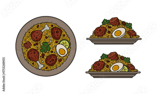 Biryani Rice with Chicken and Egg Vector Illustration