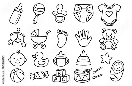 Cute baby essentials in simple black and white outline style