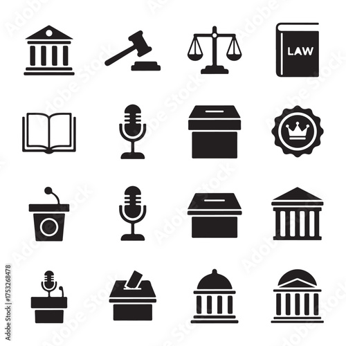 A collection of black icons representing legal and political concepts, including courthouses, a gavel, scales of justice, books, microphones, and ballot boxes, all isolated on a white background.