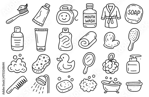 Doodle style bathroom essentials with toiletries and personal care items
