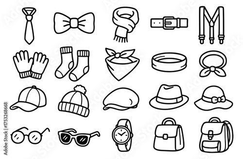 Outline accessories: hats, gloves, scarves, and fashion elements collection