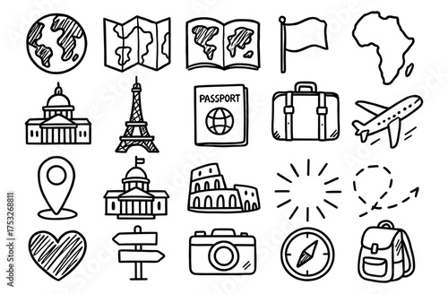 Travel icons collection: doodle style landmarks, maps, and travel essentials
