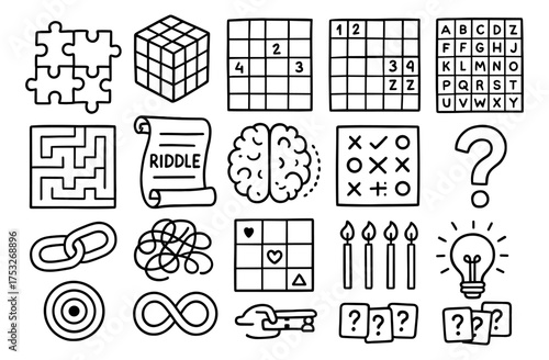 Diverse puzzle and brain game collection in hand-drawn style for mindful fun