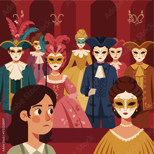 People masked in ornate attire gather while one observer looks on concernedly