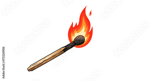 Burning match stick with bright flame on white background