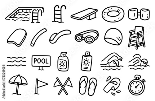 Hand drawn pool icons: swimming gear, lifebuoy, goggles, and more