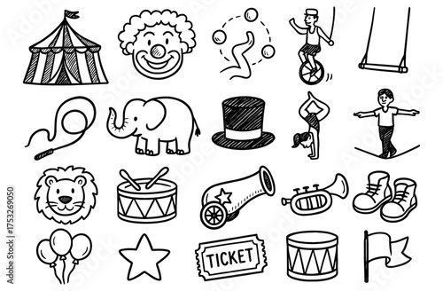 Charming circus doodles featuring clown, elephant, and acrobat elements in sketch style