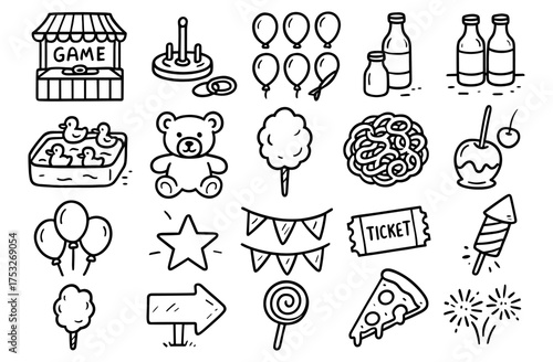 Amusement park icons: hand-drawn carnival games and treats collection
