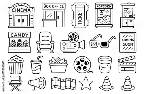 Cinema icon set: linear movie symbols featuring popcorn, camera, and 3d glasses