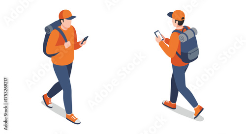 Isometric hiker with backpack and smartphone in orange outfit walking forward