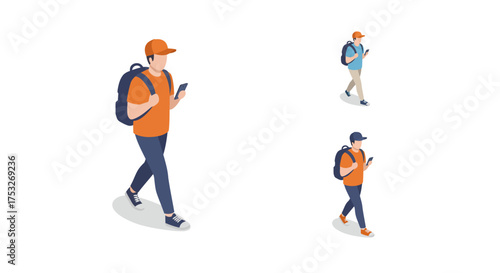 Isometric young people walking with smartphones and backpacks in casual outfits