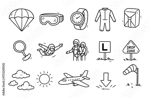 Skydiving adventure icons: parachute, goggles, airplane, safety gear, and more in hand drawn style