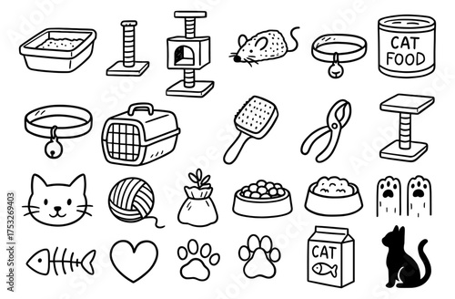 Cute doodle pet supplies with cat toys and accessories in black and white
