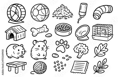 Cute hamster and pet accessories collection in hand drawn style