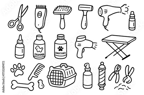 Pet grooming tools line art collection for dog and cat care