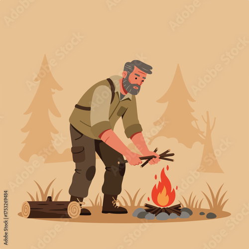 Bearded man tending campfire in a stylized forest clearing