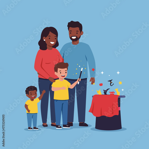 Family enjoys a magic show with toys appearing from a hat