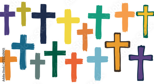 Colorful hand-painted crosses on white background