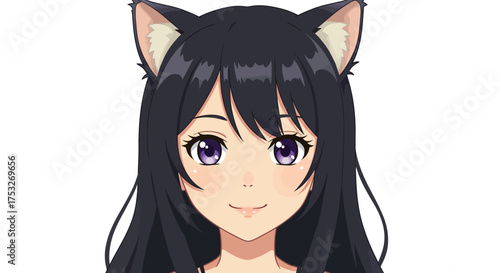 Anime style cat ear girl with purple eyes on white background