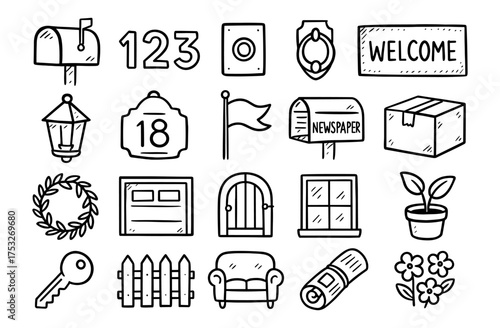 Hand-drawn home essentials: mailbox, door knocker, welcome sign, and more