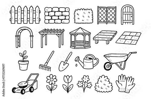 Black and white garden tool and structure doodles for landscaping projects