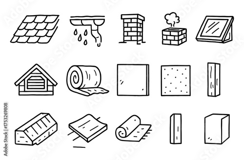 Hand drawn roof and building materials set: sketch style icons collection
