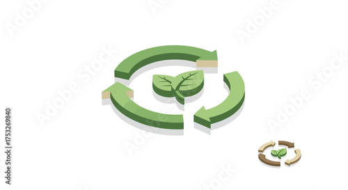 Isometric eco-friendly recycling icon with green arrows and leaf center