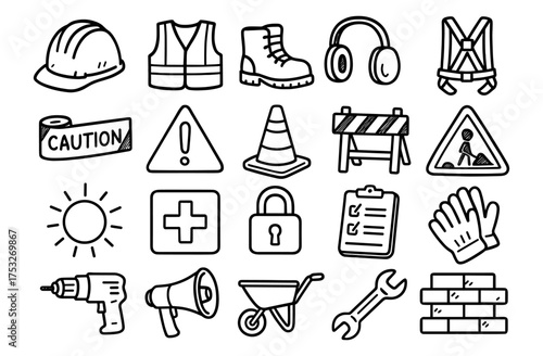 Hand drawn construction and safety icons set with tools and signs