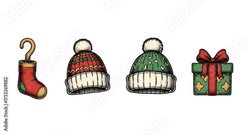 Christmas themed items including a stocking two winter hats and a gift box.