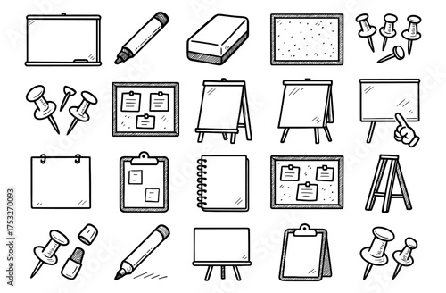 Hand drawn office and school supplies with whiteboards and pushpins