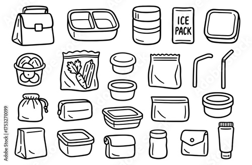 Eco-friendly lunchbox essentials: reusable containers and accessories in simple line art