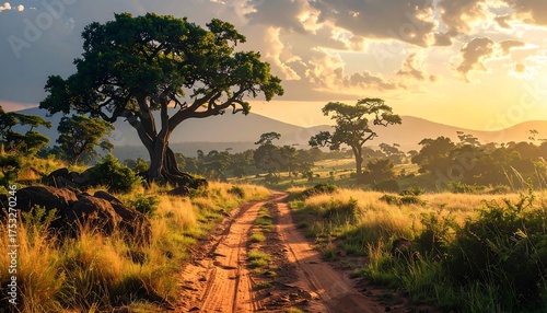 A scenic African landscape at sunset. A dirt road leads through savanna grasses towards distant hills and trees. Golden sunlight illuminates the scene