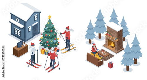 Festive winter activities in isometric style featuring skiing and cozy firesi…