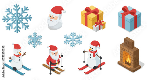 Festive winter icons featuring santa, snowmen, gifts, fireplace, and snowflak…