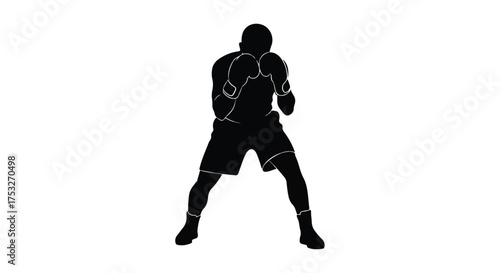 Black silhouette of a boxer in a fighting stance with gloves, isolated on white background. Sport and fitness concept.
