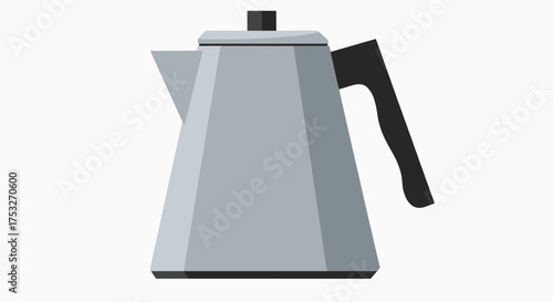A detailed illustration of a classic stovetop percolator coffee pot with a silver body and black handle.