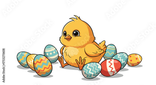A fluffy yellow chick surrounded by colorful easter eggs.