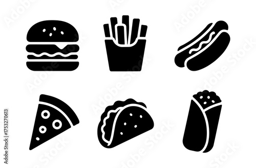 Silhouette icons of fast food favorites: burger, fries, pizza, taco, hotdog, burrito