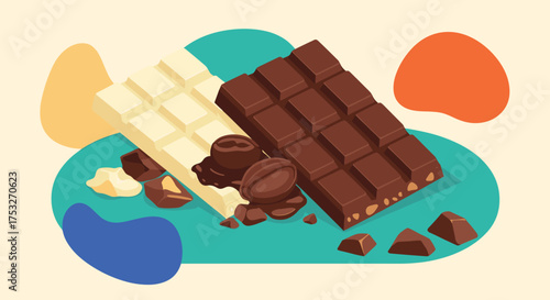 Delicious milk and white chocolate bars with coffee beans and nuts. .