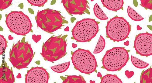 A delightful pattern featuring vibrant dragon fruits and sweet little hearts.