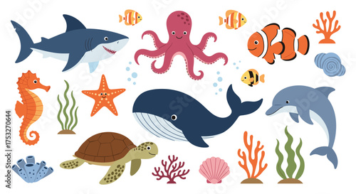 A vibrant collection of pixel art marine life and ocean elements.